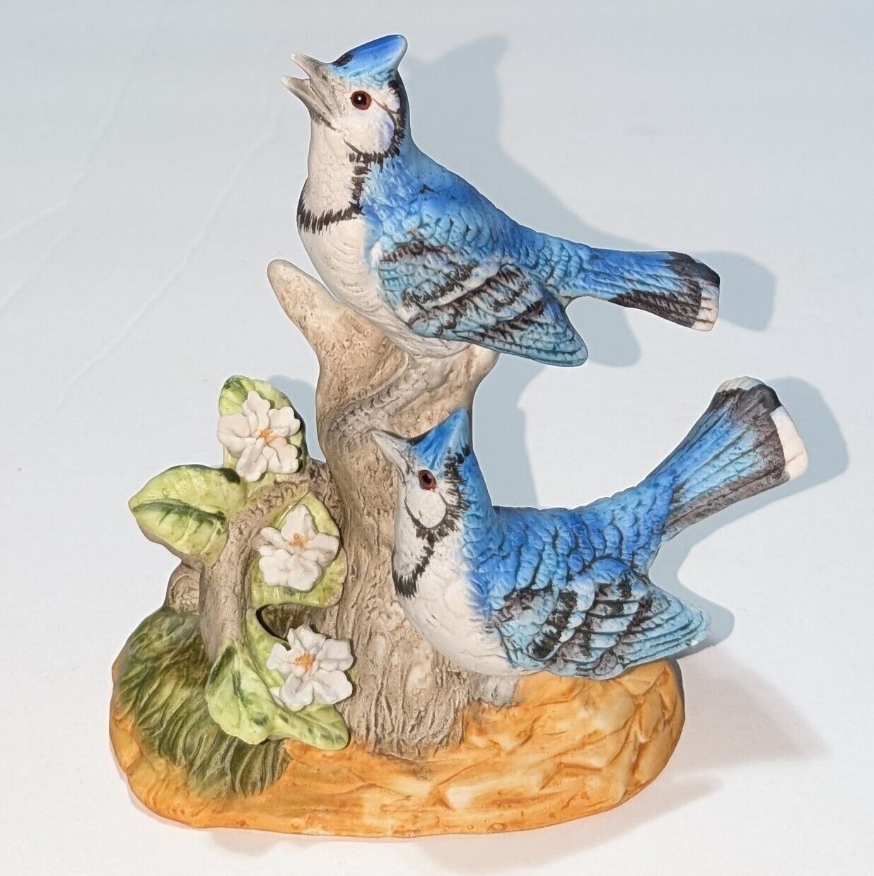 Vintage Blue Jay Porcelain Birds Figurine on Flowering Branch  Unmarked