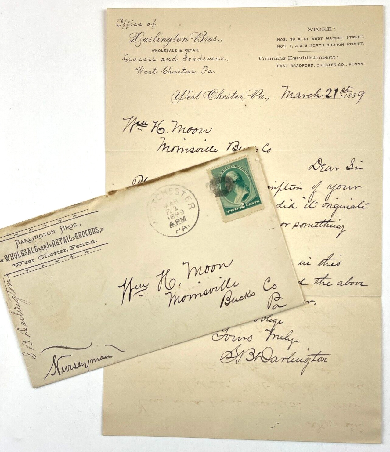 1889 Darlington Bros Grocers Seedsman Letter Stamped Envelope West Chester, PA