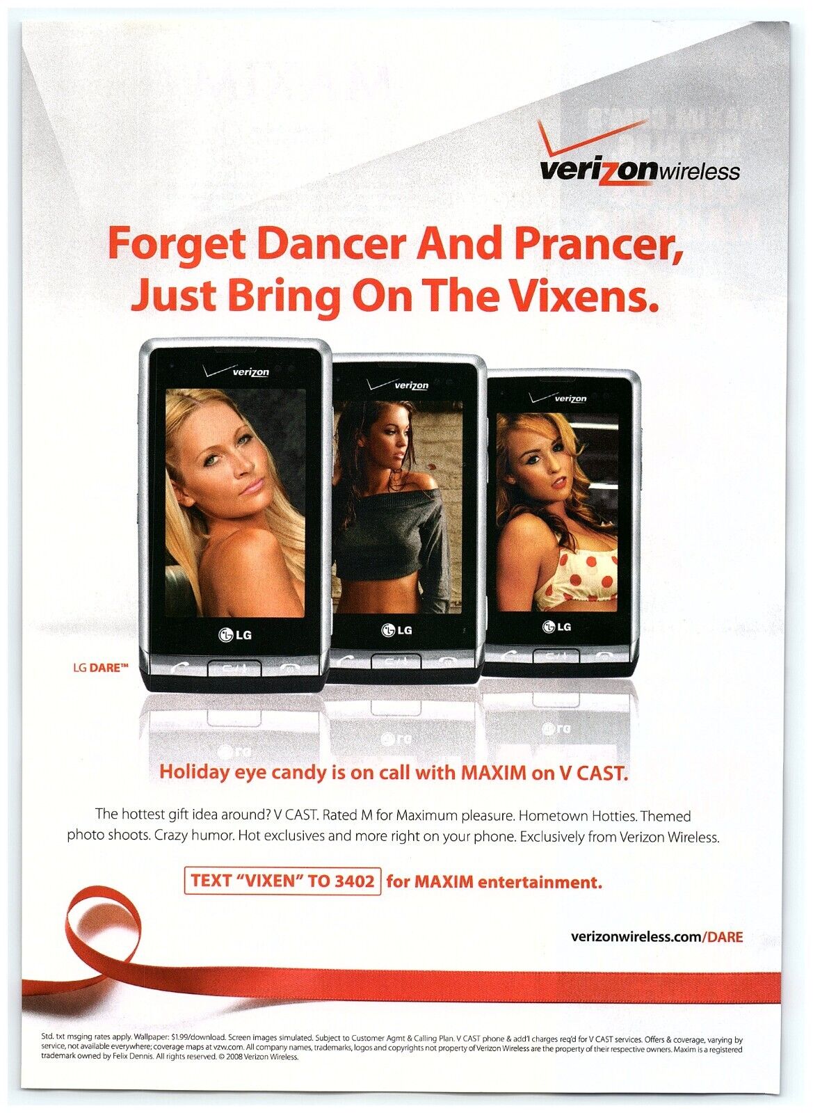 2008 Verizon Wireless Print Ad, LG Dare Phone Bring On The Vixens Dancer Prancer