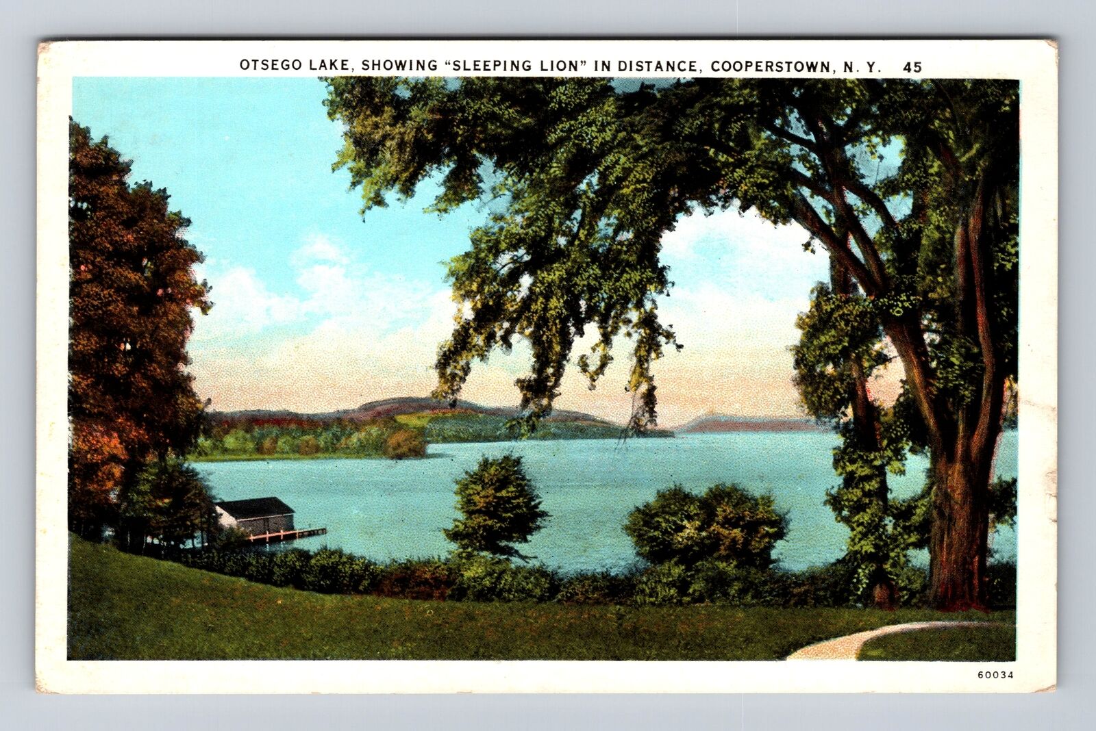 Cooperstown NY-New York, Otsego Lake, Sleeping Lion, Antique Vintage Postcard