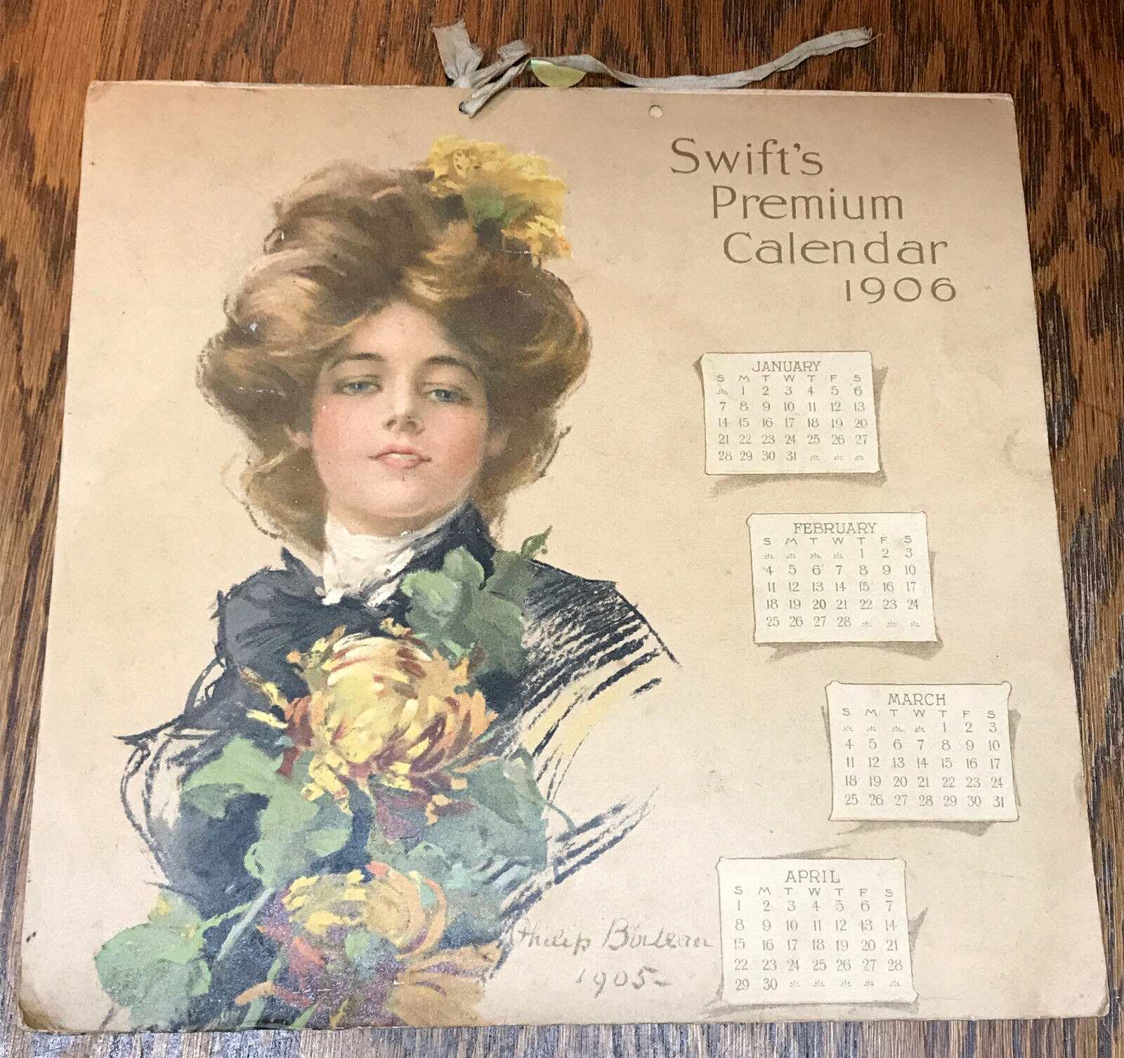Antique Swift\'s Premium Folding Calendar 1906 Philip Boileau Art 11 3/4\