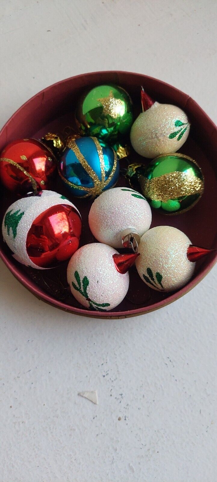 Set of 9 Blown Glass Mini Christmass Ornaments Colorfull w/ glitter in round box