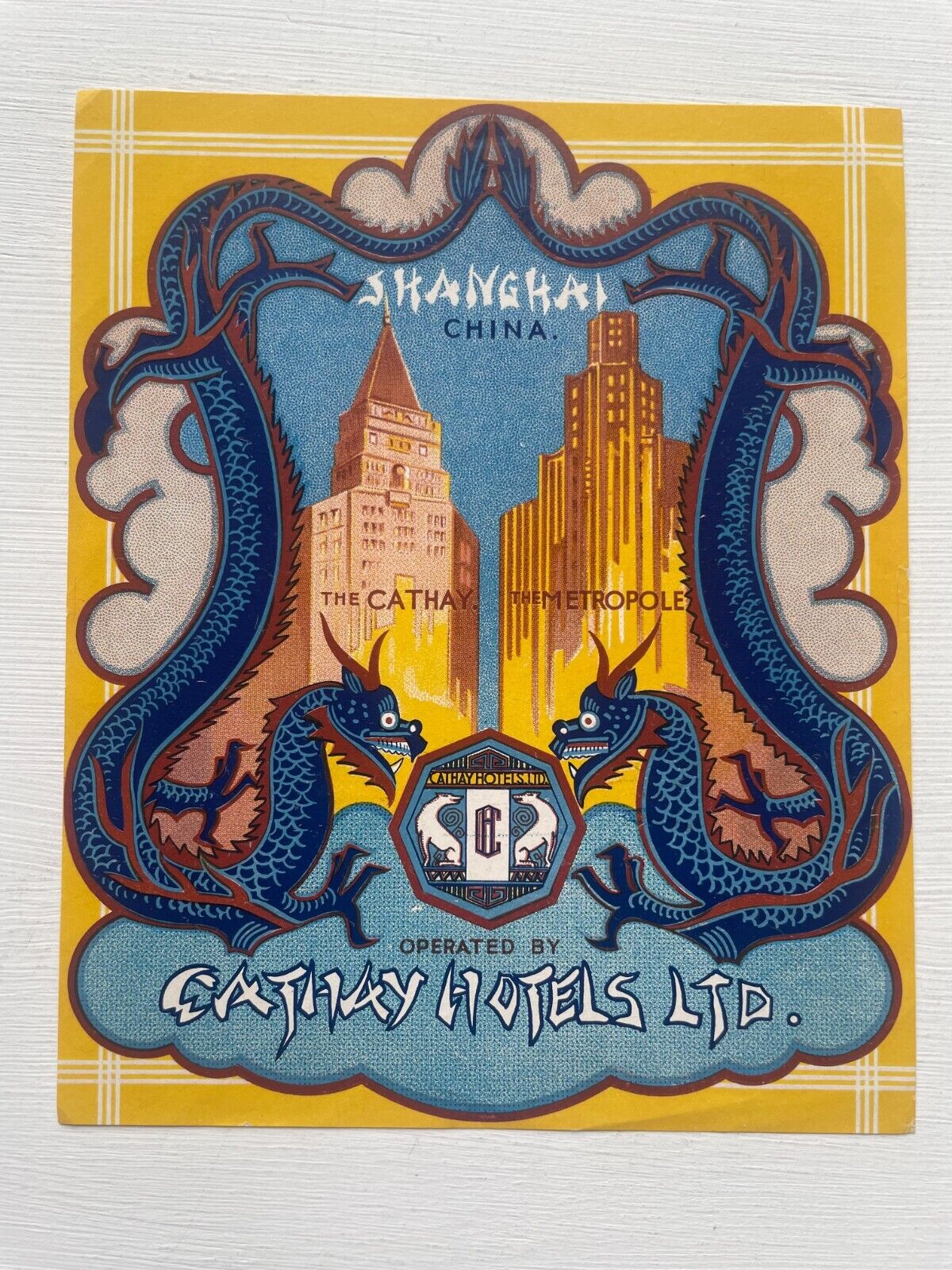 1930\'s Cathay Hotels Shanghai China Hotel Label- w/ Dragons