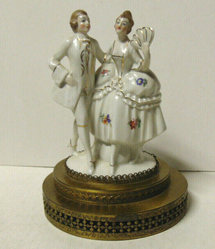 Vintage Colonial Man and Woman Dancing Figurine 18th Century Style on Brass Base