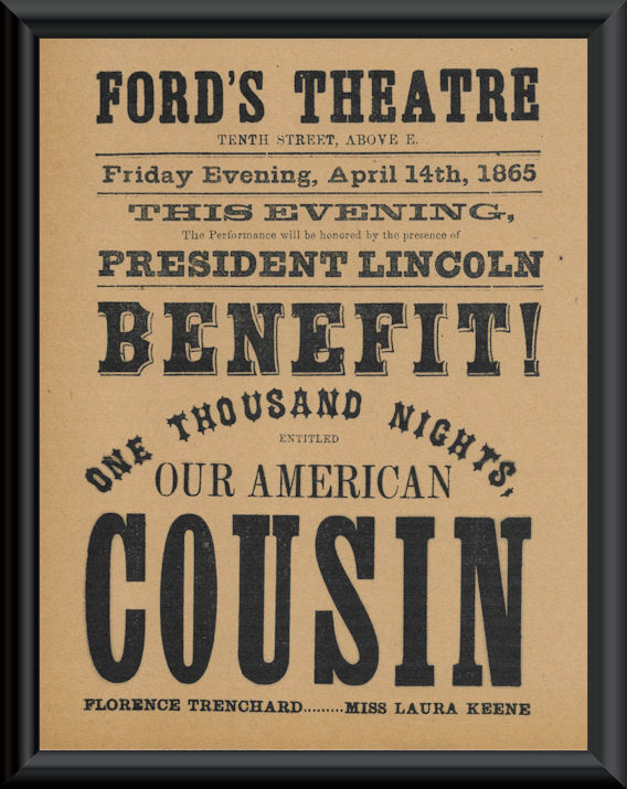 Our American Cousin Poster Reprint On 100 Year Old Paper Abraham Lincoln *P020