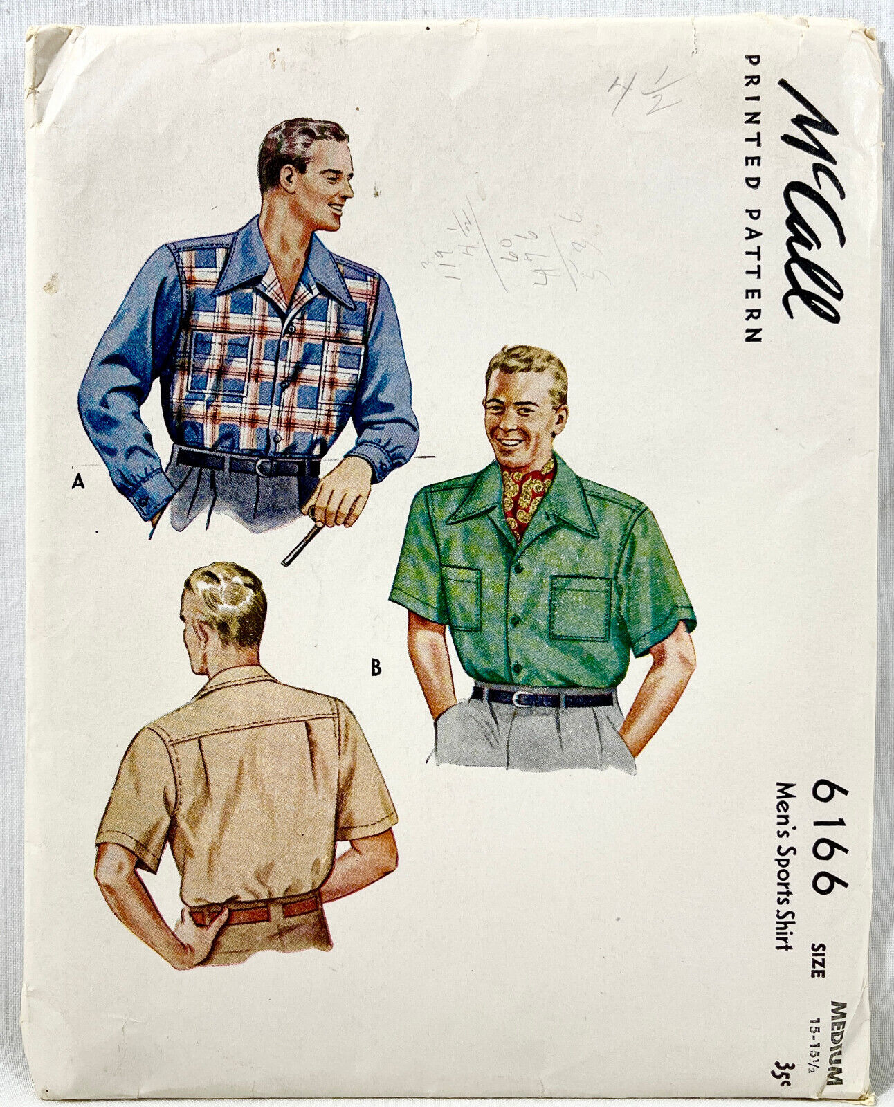 1945 McCall Sewing Pattern 6166 Mens Shirt 2 Sleeves Sz 15-15.5 Neck Vintg 13274