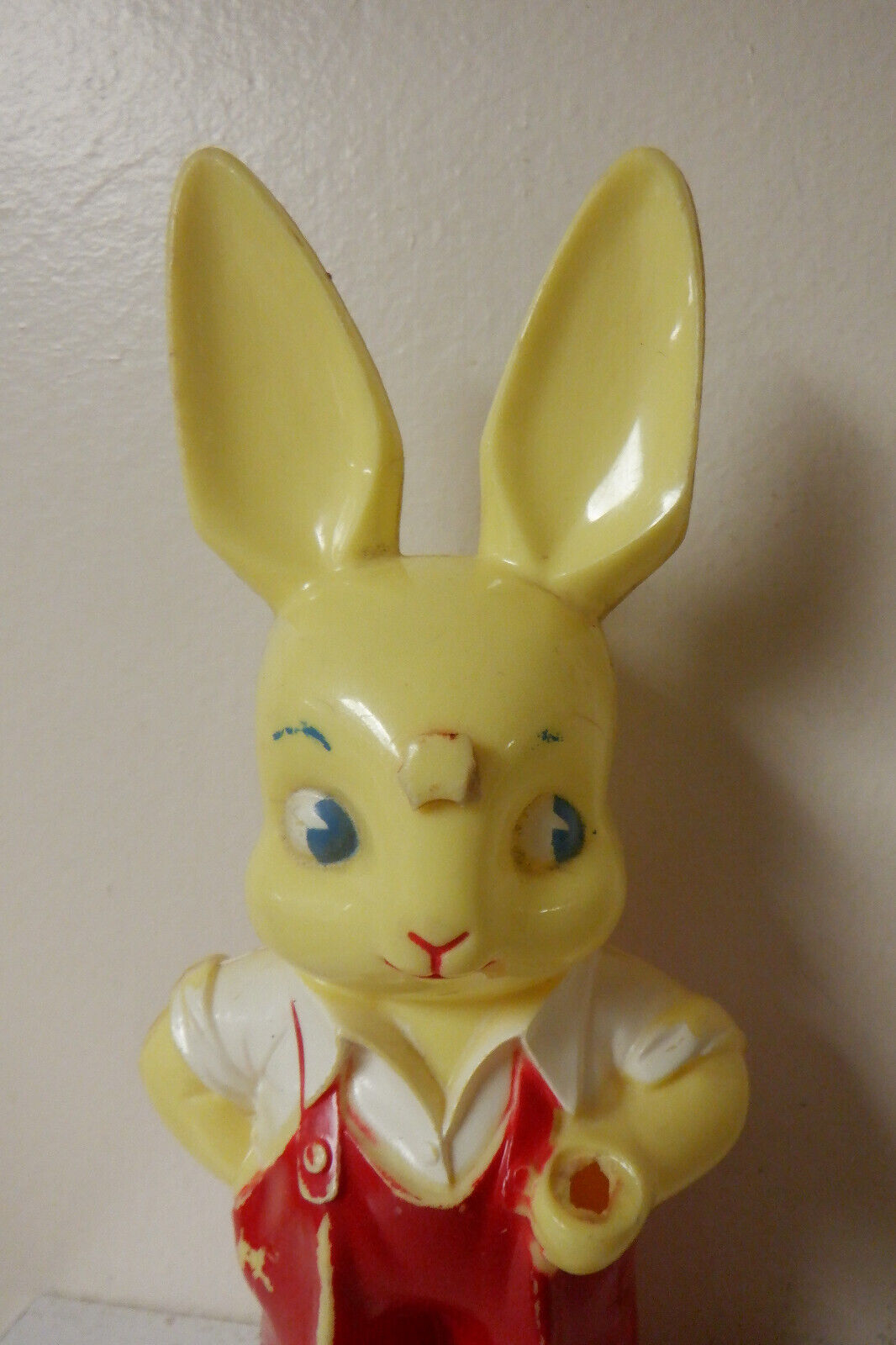 vintage knickerbocker plastic bunny rabbit suspenders rattle Easter toy