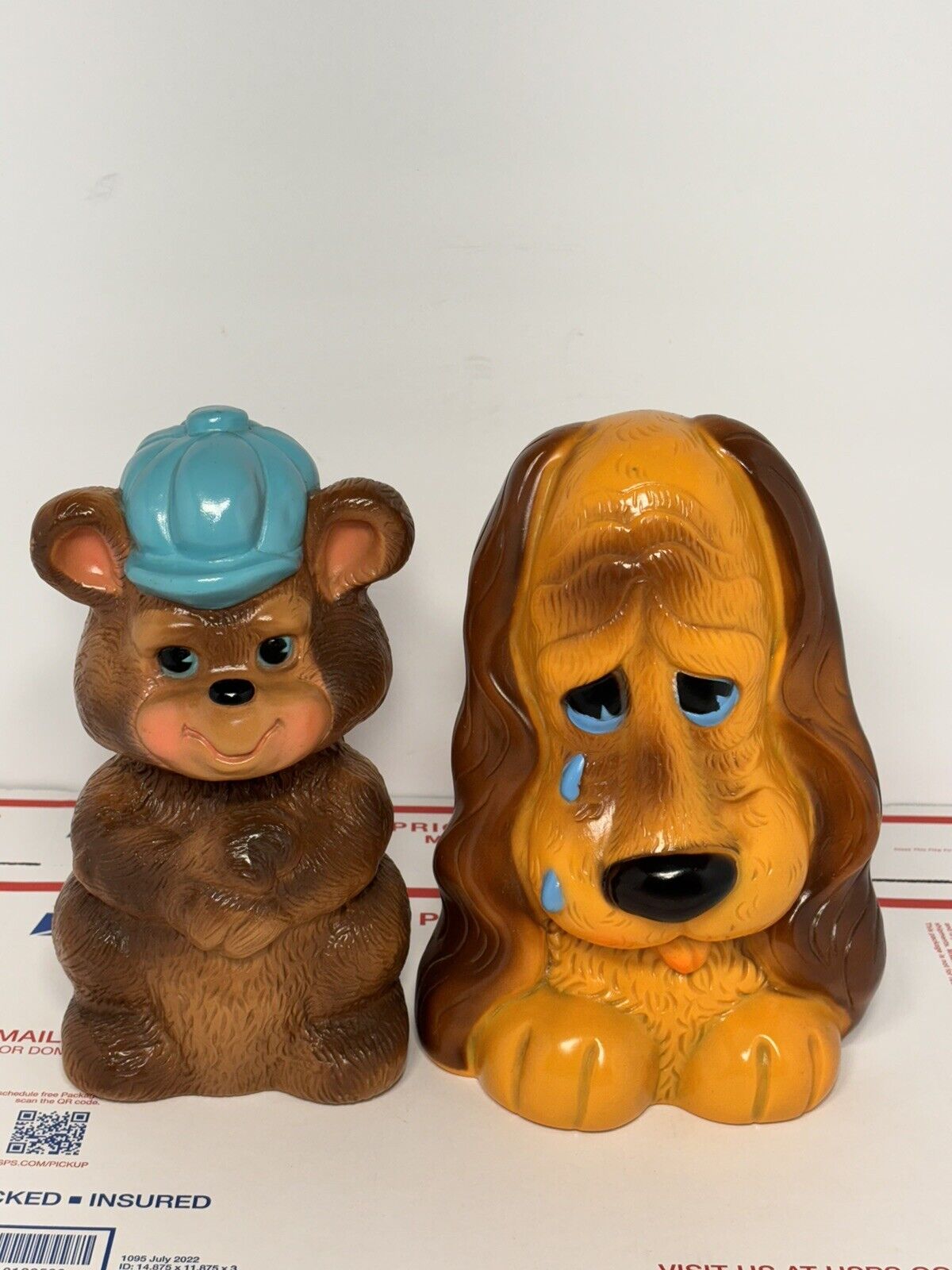 1973 Russ Berrie & Co Plastic Teddy Bear + Crying Cocker Spaniel Dog Peggy Bank
