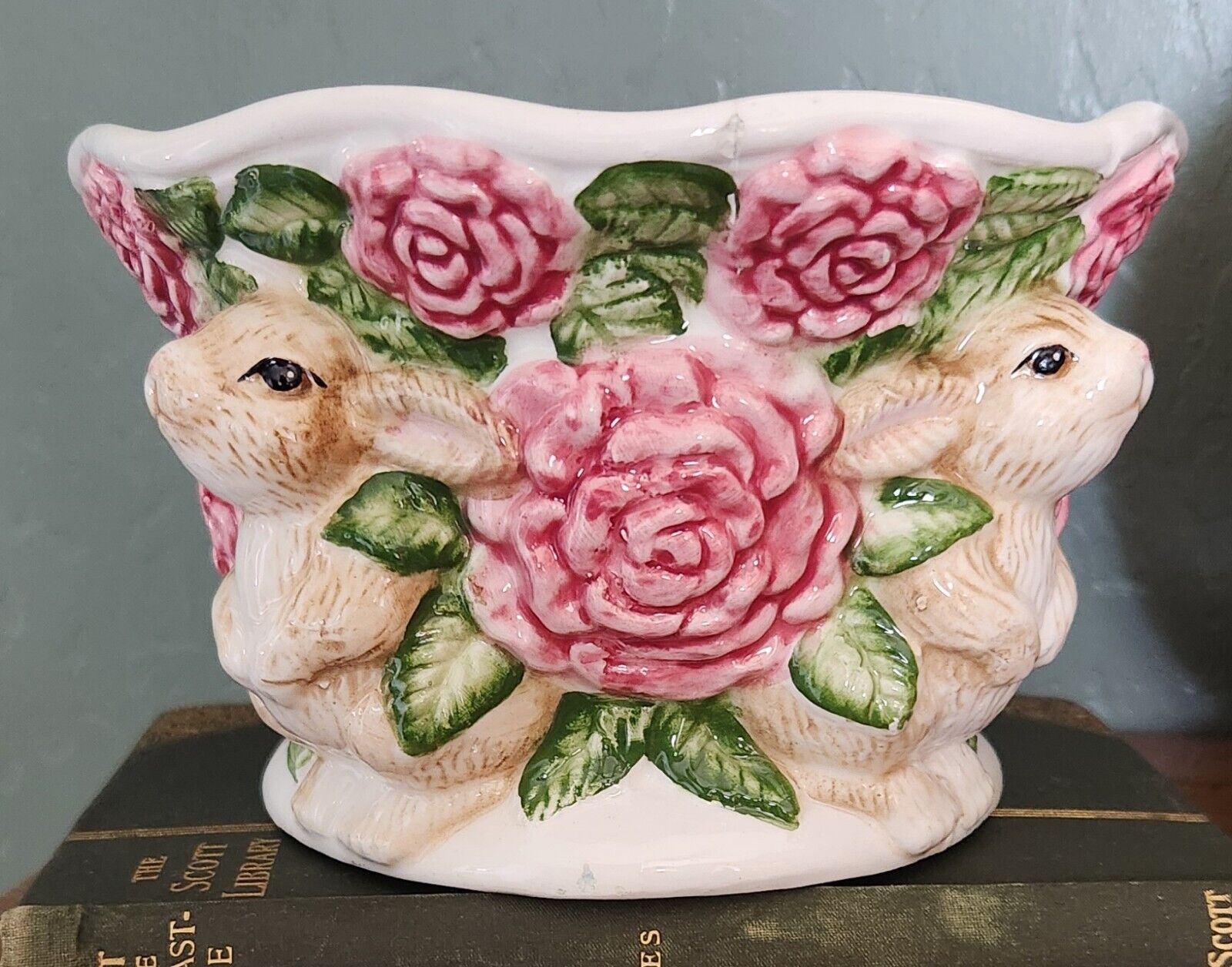 Vintage Caffco Bunnies And Roses Planter 