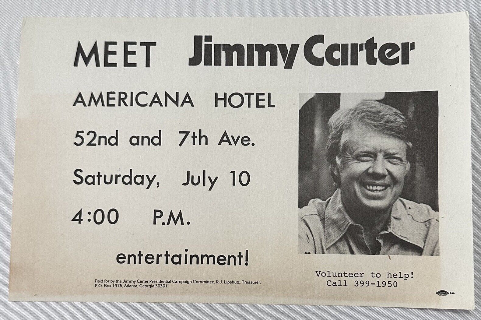 1976 “Meet Jimmy Carter” Americana Hotel Election Run Flyer / Volunteer Work
