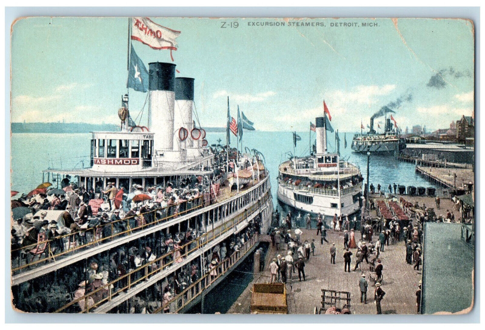 View Of Excursion Steamers Tashmoo Detroit Michigan MI Antique Postcard