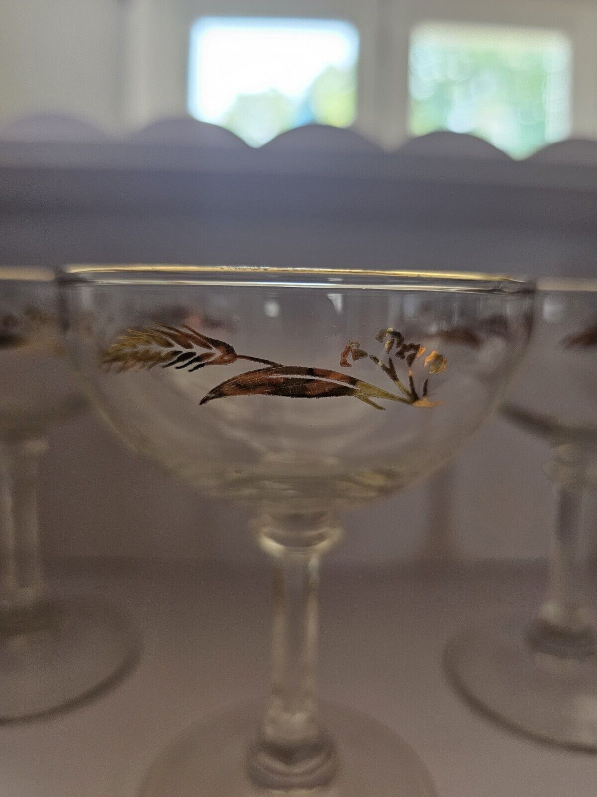 Vintage SET of 5 Champayne | Wine Goblets | Glassware With Gold Wheat & Leaf 