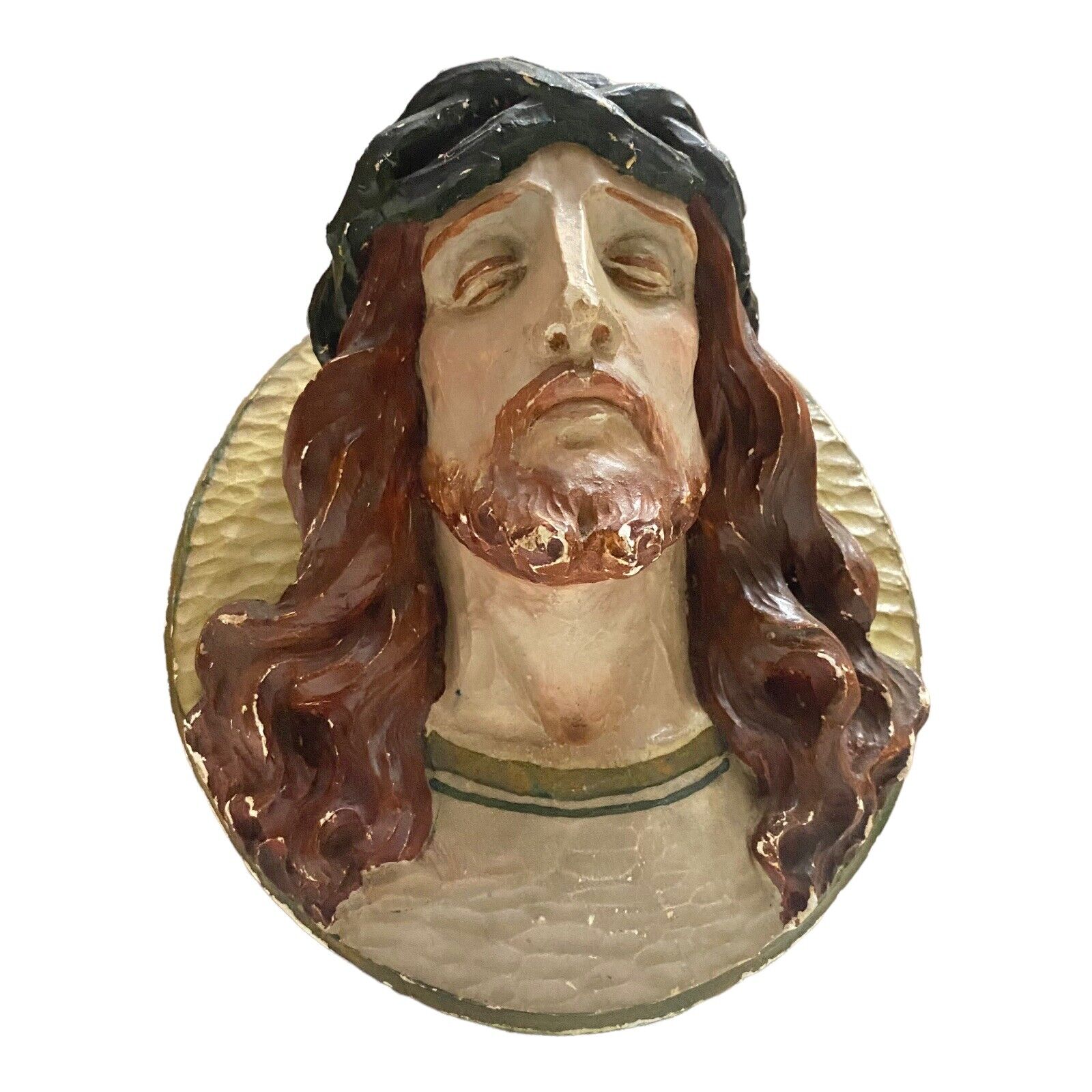 Vintage 1941 Chalkware Jesus Crown of Thorns Wall Plaque Signed Thomas F. Ingold
