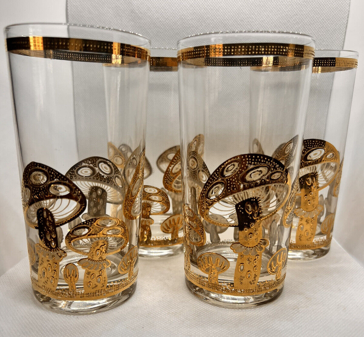 4 VTG Culver 22K MCM Gold Mushroom High Ball Glasses Set Barware Drink Granny