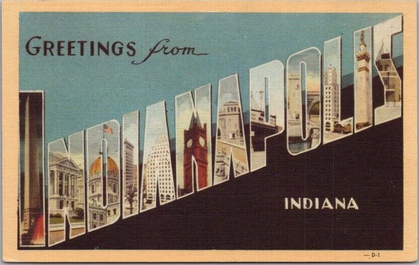 Vintage INDIANAPOLIS Indiana Large Letter Postcard DEXTER Linen c1940s Unused