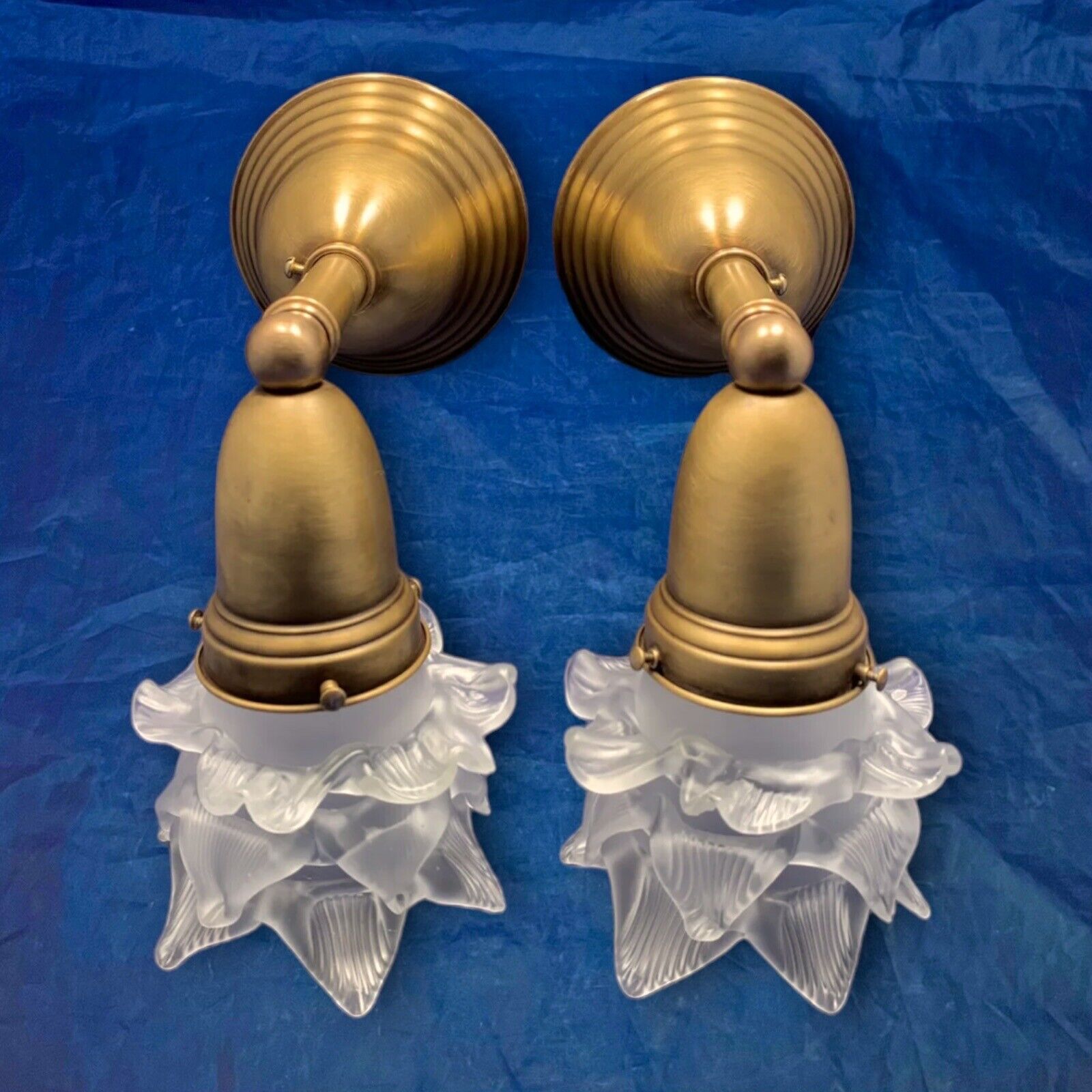 Pair Brass Rewired Sconces Cool Hand Blown Frosted Shades 116F
