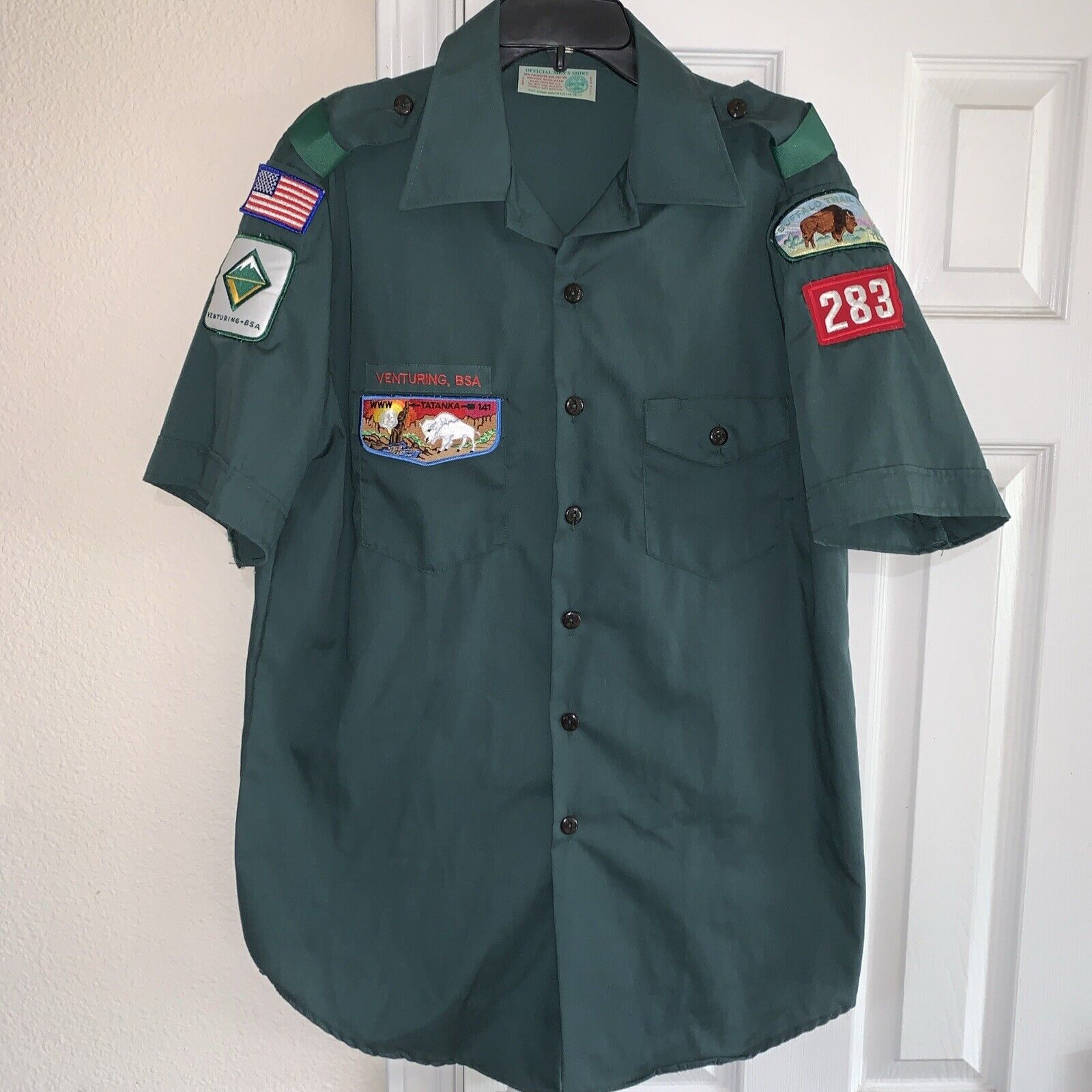 Vtg Official Boy Scouts BSA Uniform Shirt Adult L Venturing Patches Green 90s