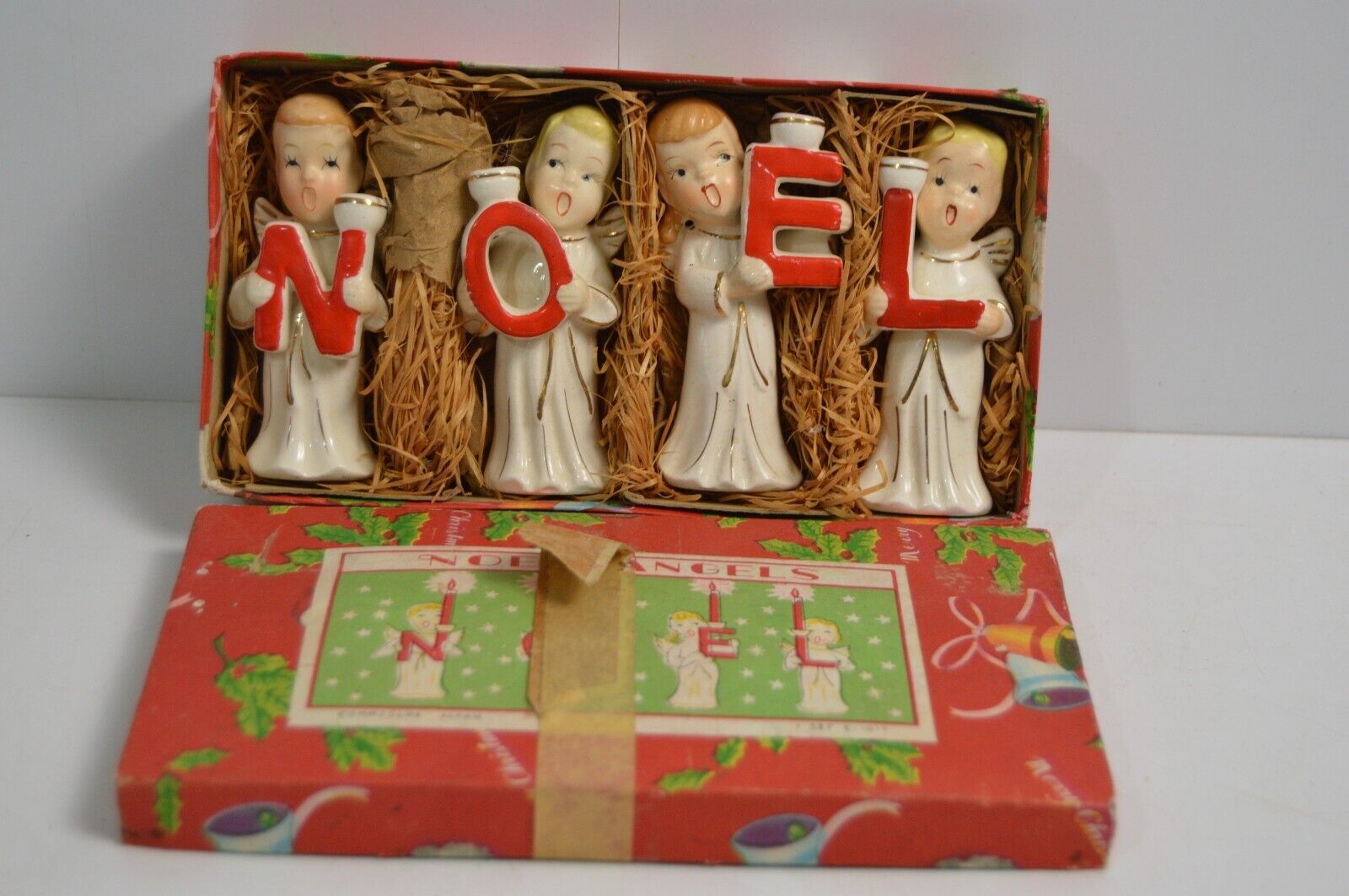 Vintage MCM NOEL Caroling Angels Girls Boys Candle Holders Commodore Japan Box