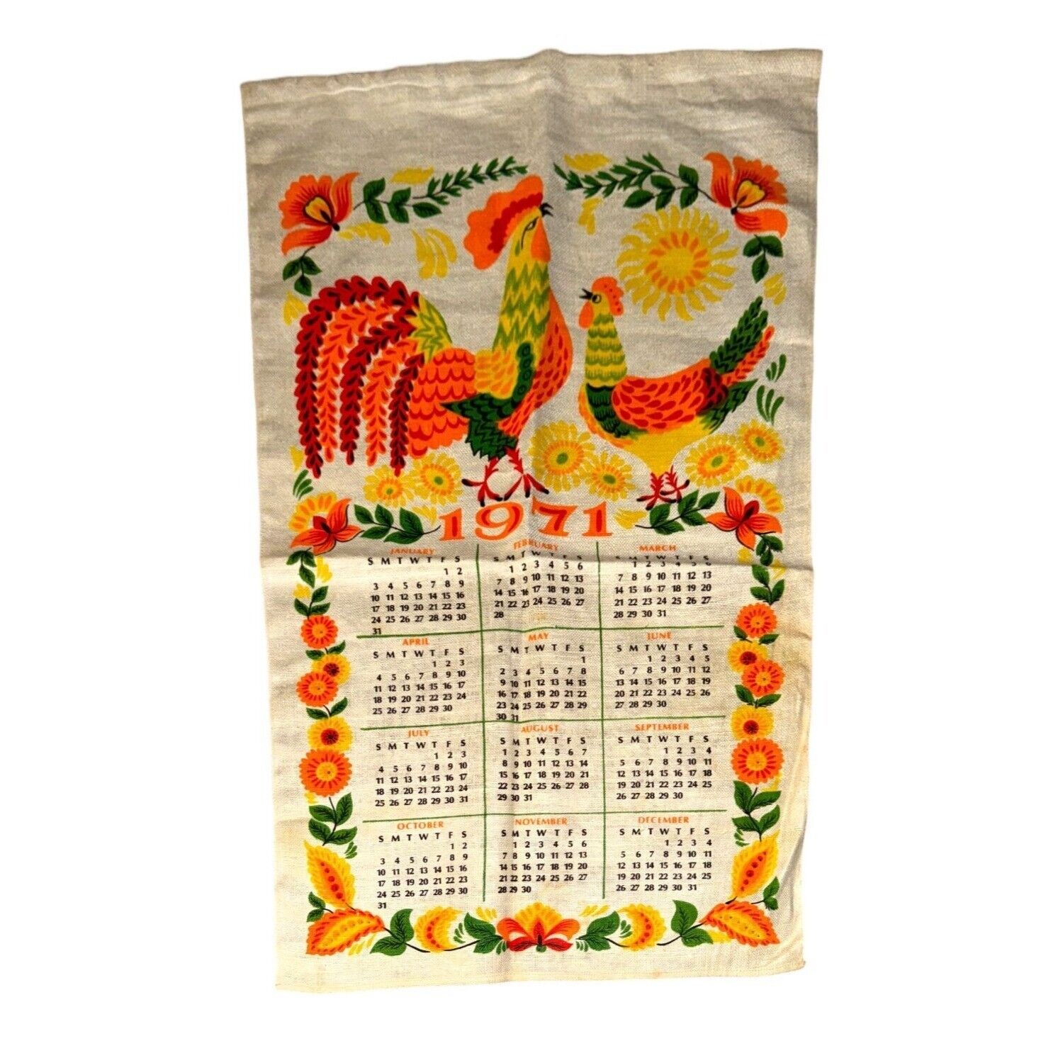 Vintage 1971 Cloth Wall Hanging Rooster and Floral Theme