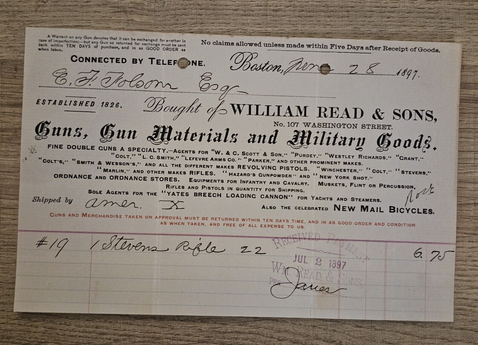 1897 William Read & Sons Guns Gun Materials Military Goods Billhead Boston, MA