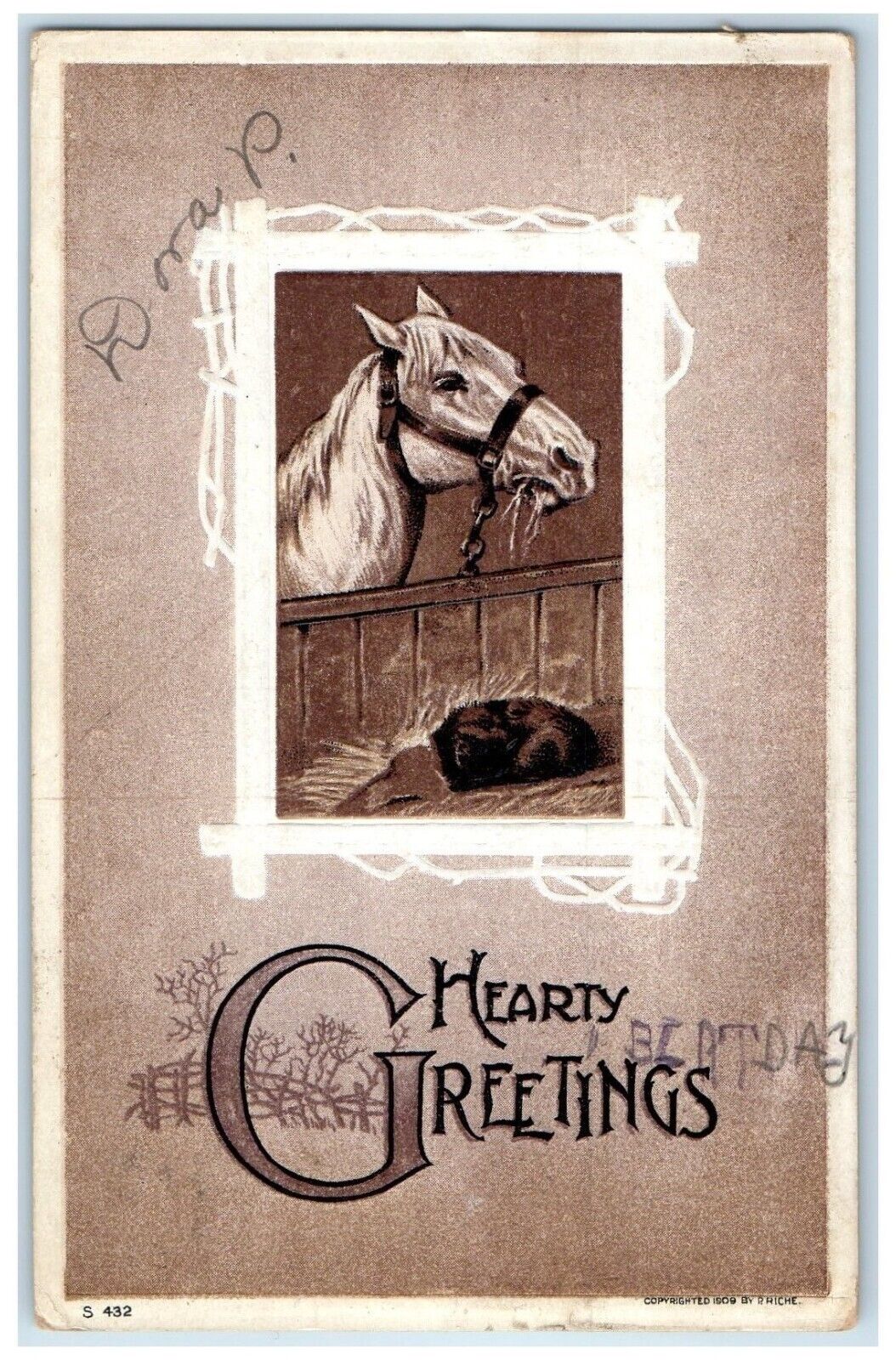 1910 Hearty Greetings Omega Florida FL, Horse Barn Embossed Antique Postcard