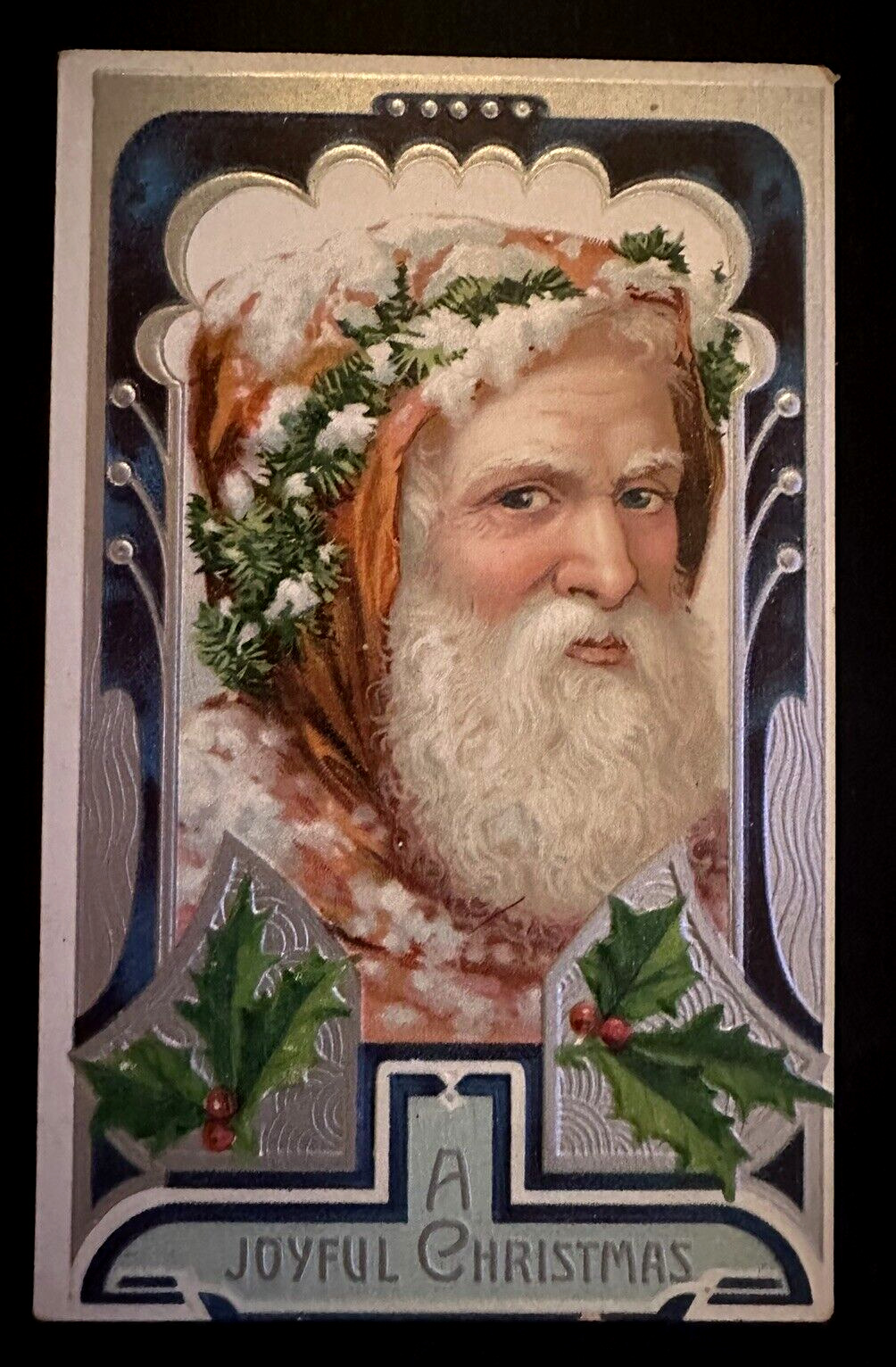 Full Face~Old World Santa Claus with Holly Antique~Christmas Postcard~h899