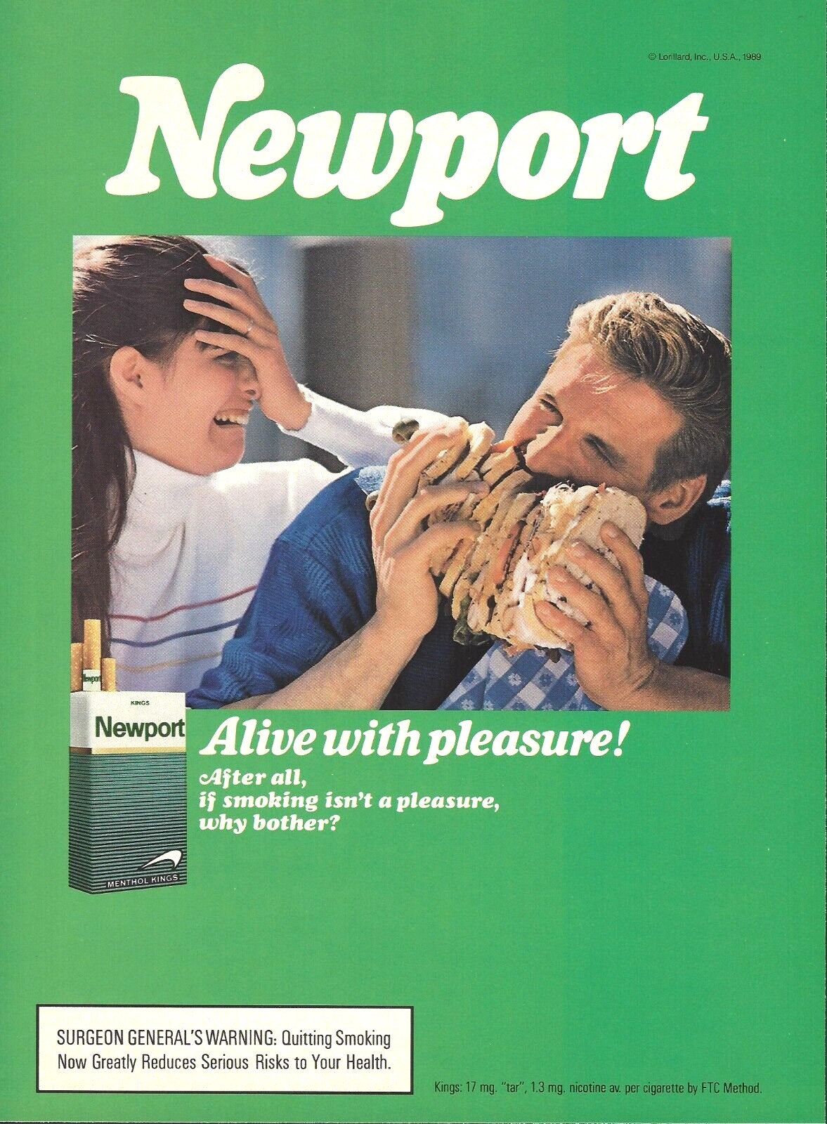 1989 Newport Cigarettes Big Sandwich Man Alive With Pleasure vintage Print AD