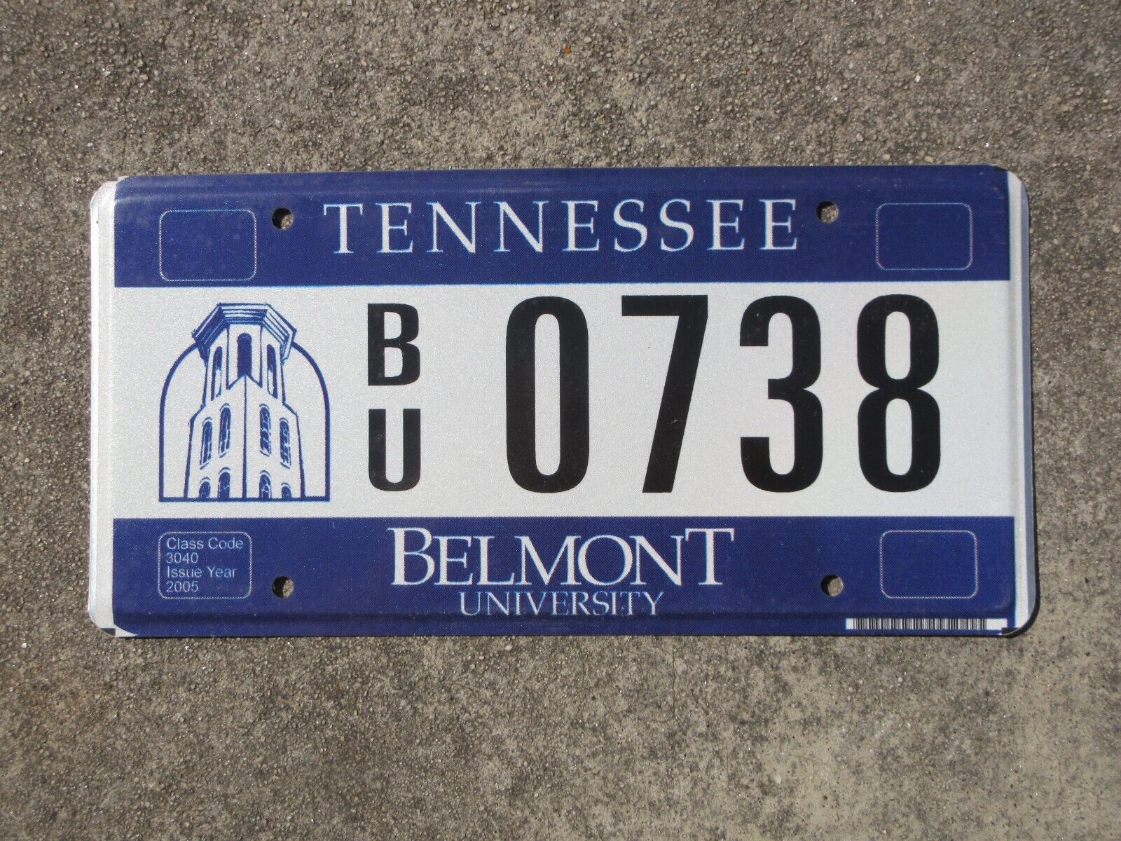 Tennessee Belmont University License Plate BU 0738 Nashville Christian College