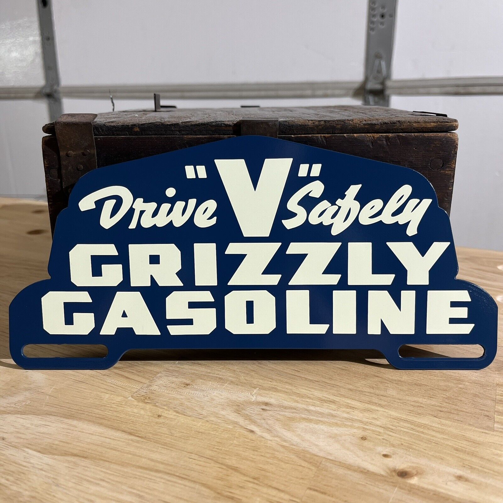 Grizzly Gasoline Drive Safely Metal License Plate Tag Topper Oil Sign