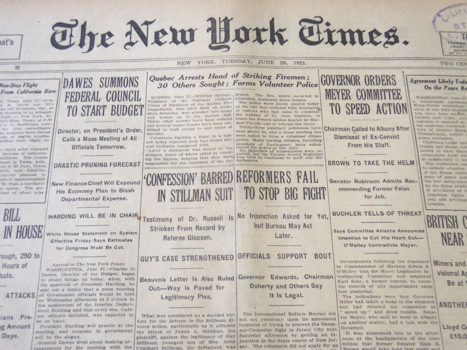 1921 JUNE 28 NEW YORK TIMES - REFORMERS FAIL TO STOP BIG FIGHT - NT 5462