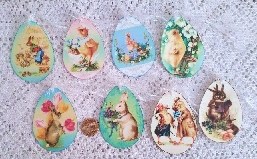 8~Easter~Vintage~Victorian~Egg Shape~Fussy Cut~Linen Cardstock~Gift~Hang~Tags