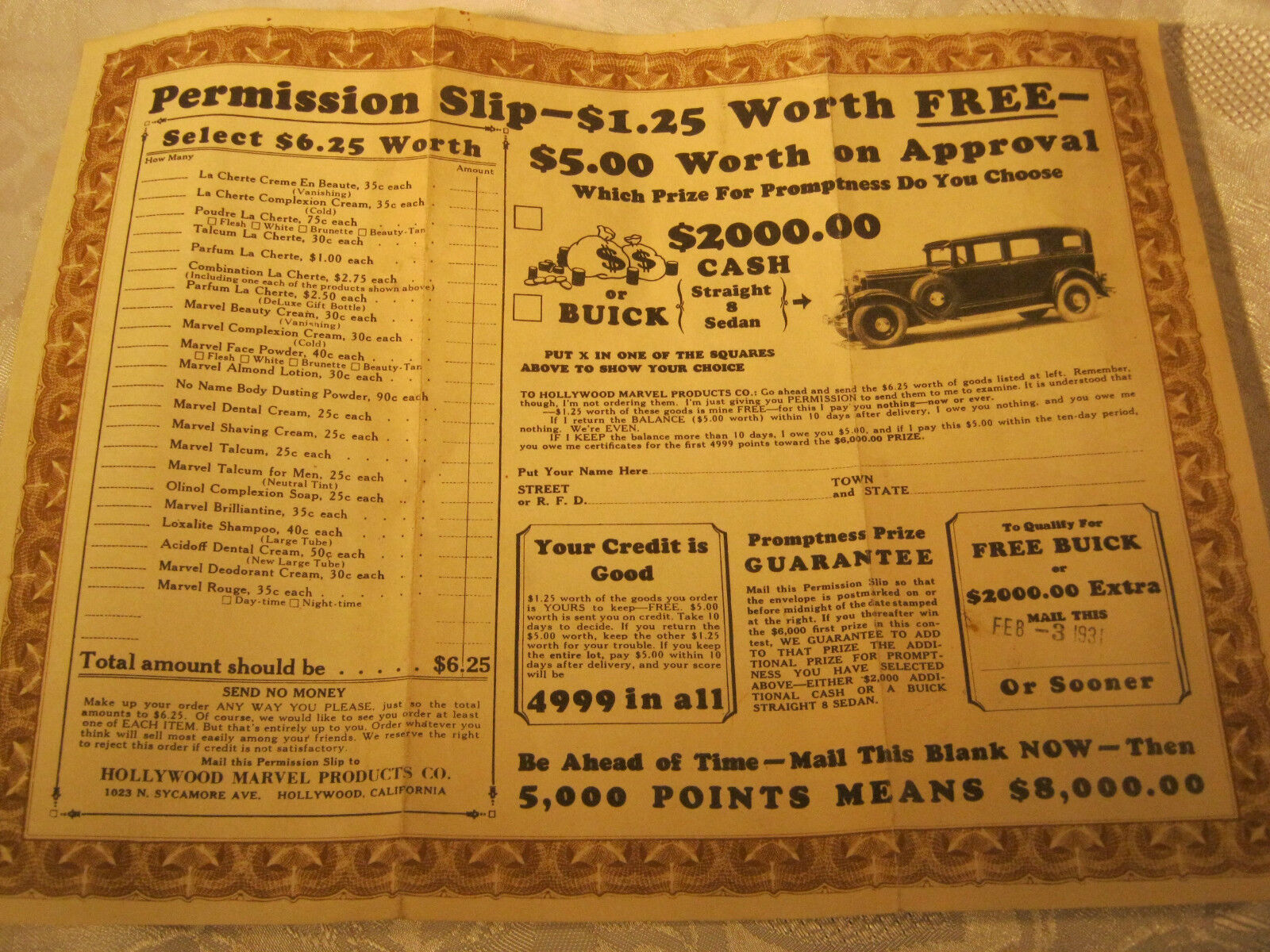 Antique Hollywood Marvel Products Co. 1930\'s Advertising Buick Straight 8 Sedan