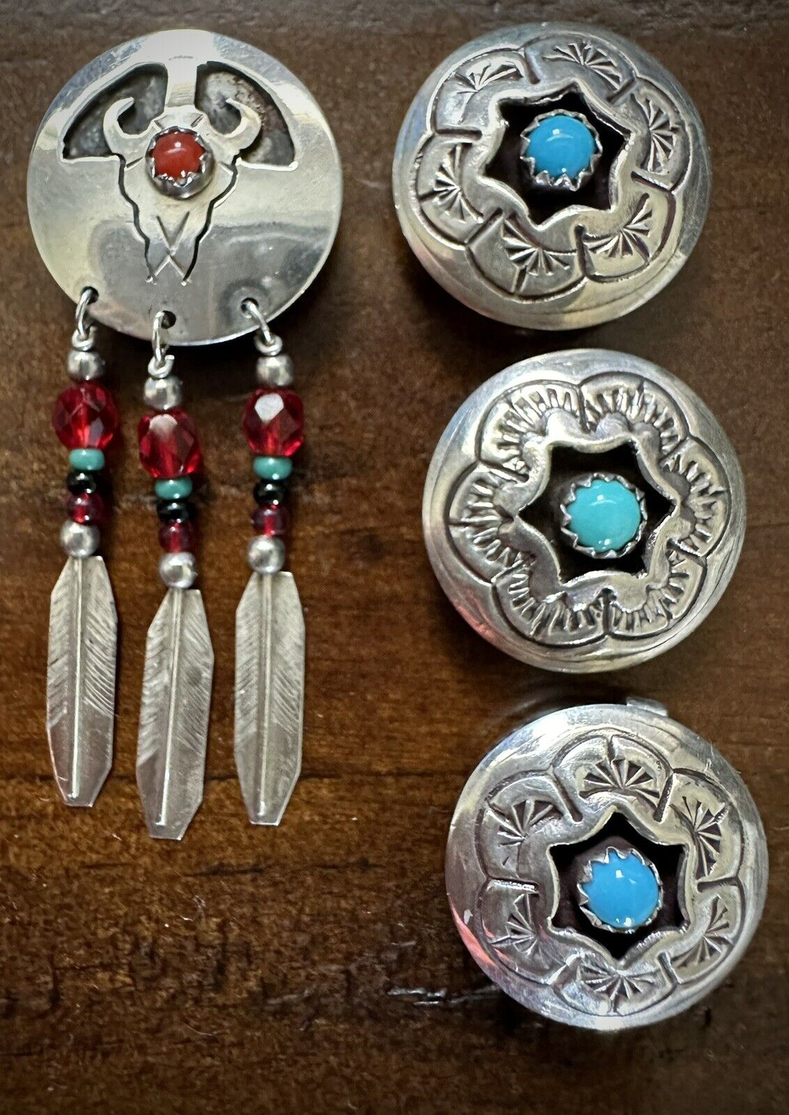 Vintage Navajo  Native American Button Covers Silver , Coral, Turquoise Set of 4