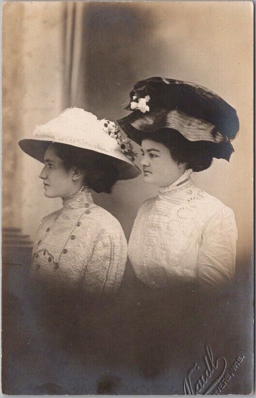 1907 TWO RIVERS Wisconsin RPPC Photo Postcard Young Ladies in Large Hats Fashion