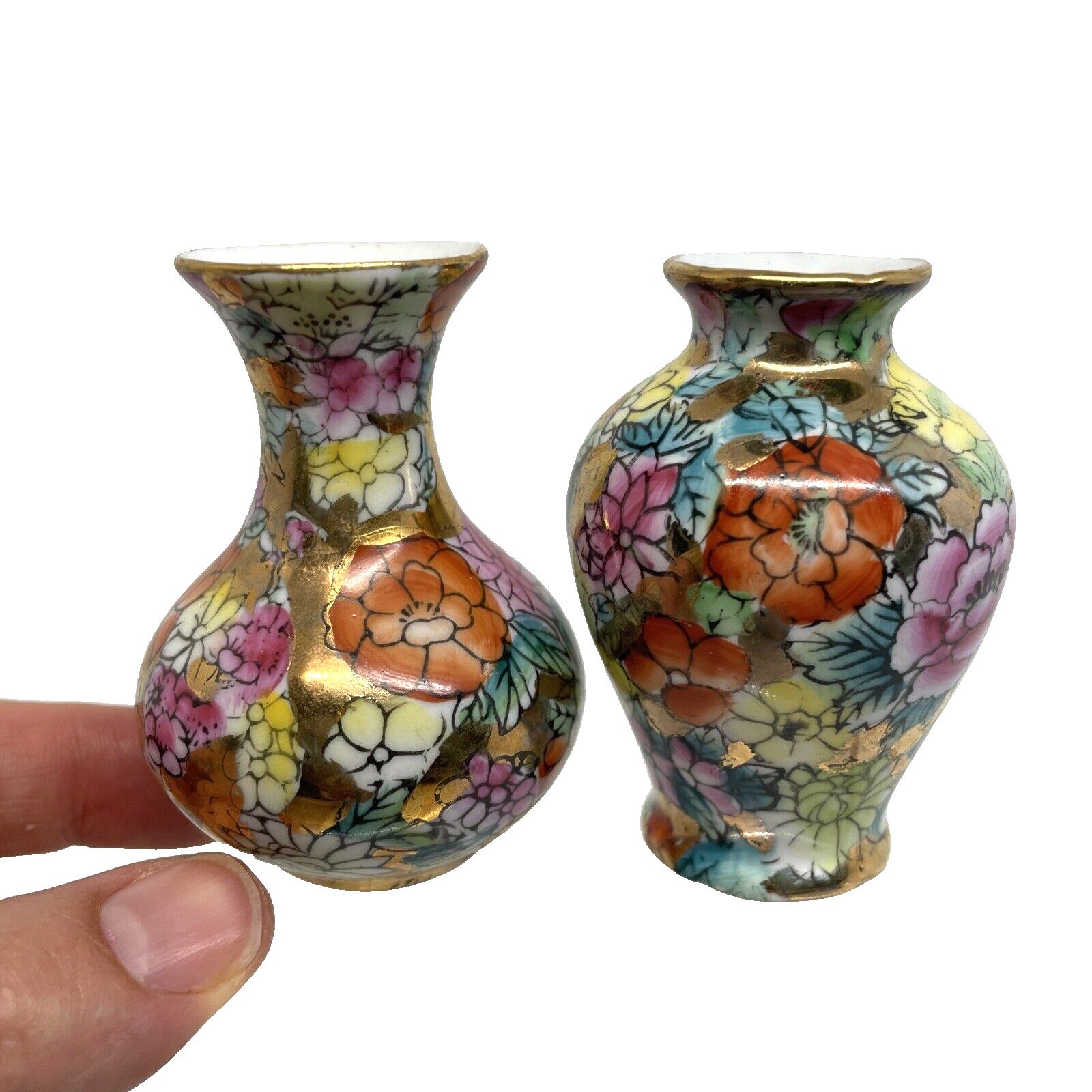 VTG Chinese Porcelain Miniature Cabinet Vases Set of 2 Mille Fleur Floral