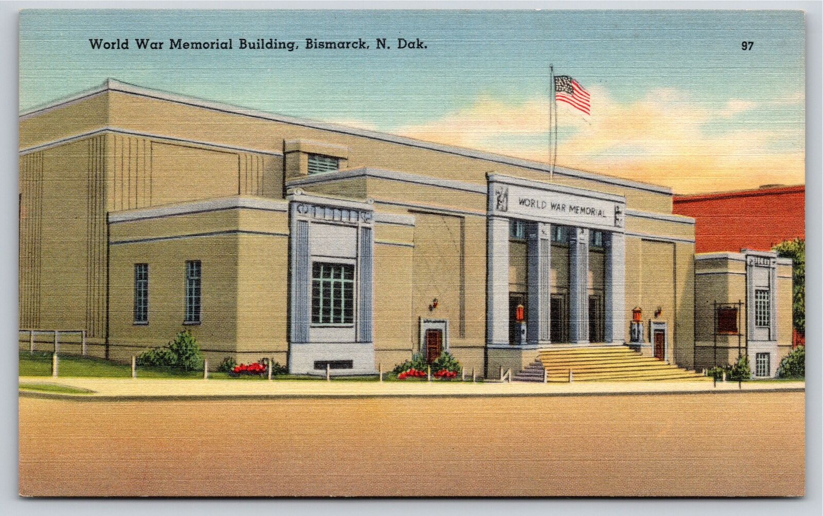 Bismarck North Dakota~Front World War Memorial Building~Vintage Linen Postcard