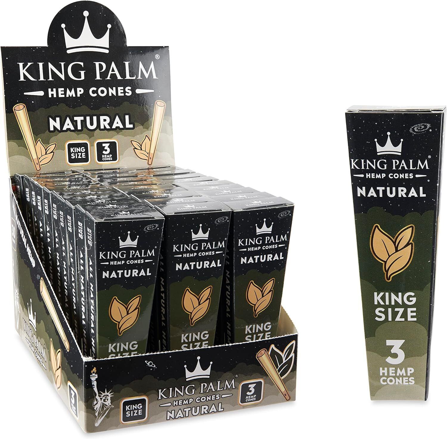 King Palm | King | Natural | Prerolled Cones &Filter Tips | 3 per Pack, 30Packs