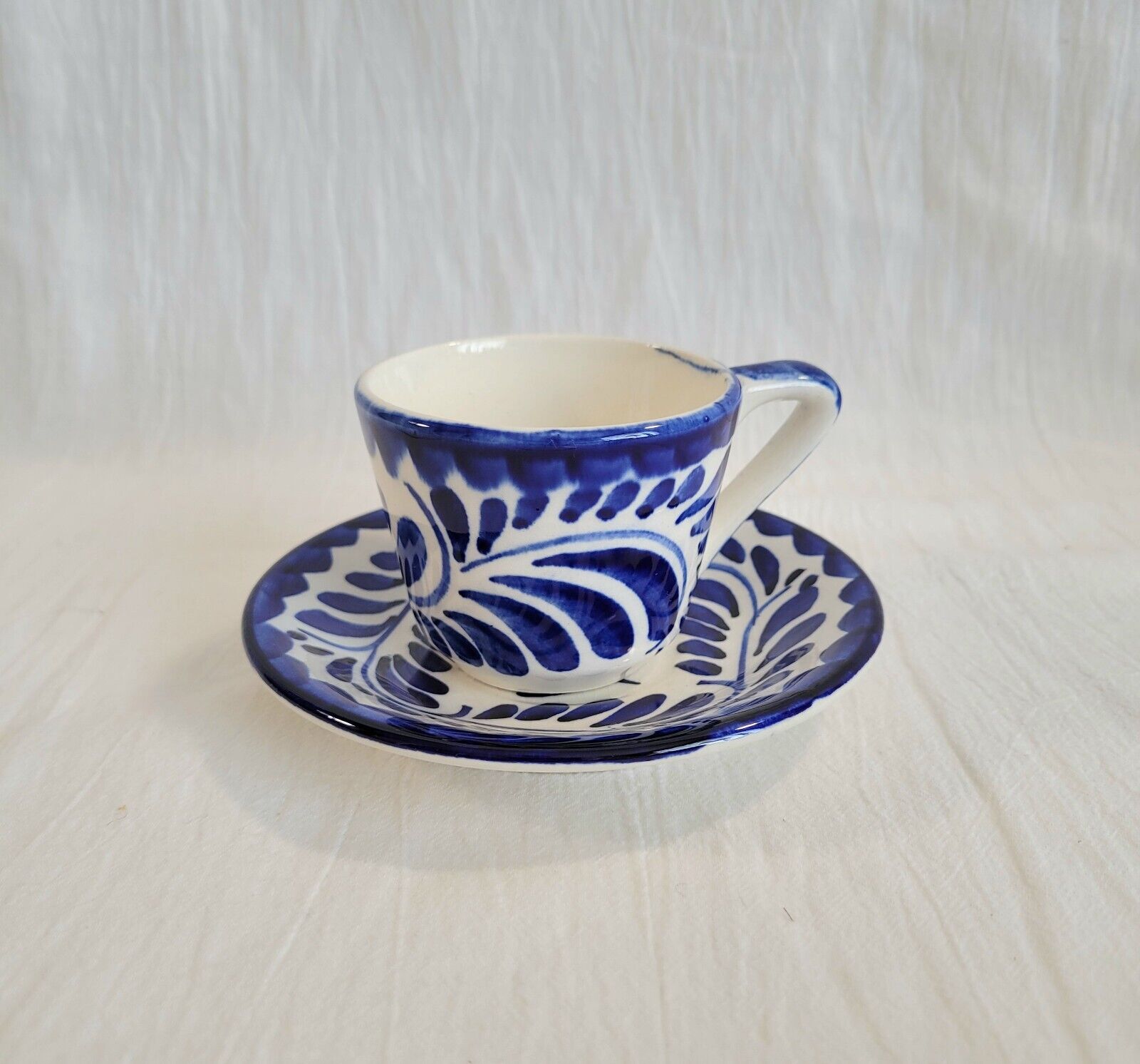 One Set Vintage Anfora Mexico Hand Painted Pottery Puebla Blue Tea Cup & Saucer