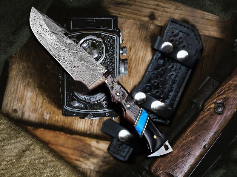 HIGH QUALITY FIXED BLADE DAMASCUS FULL TANG BEST CAMPINHG HUNTING KNIFE & SHEATH