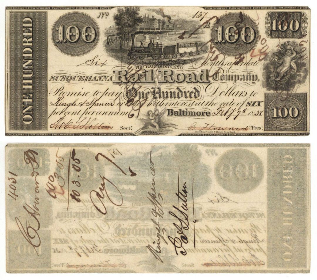 The Baltimore and Susquehanna Railroad Co. $100 - Obsolete Notes - Paper Money -