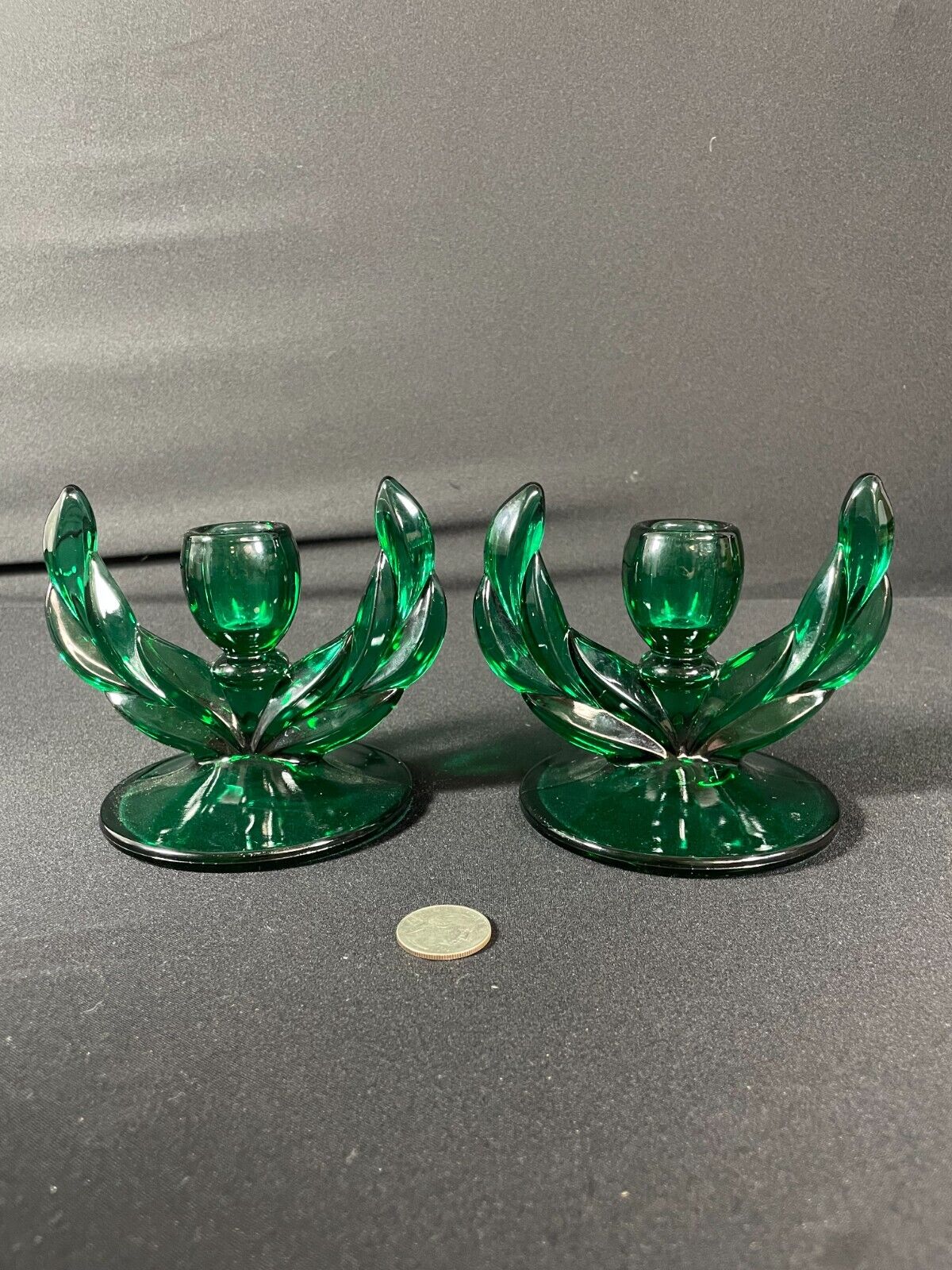 Emerald Green Winged Taper Glass Candle Holders (2)