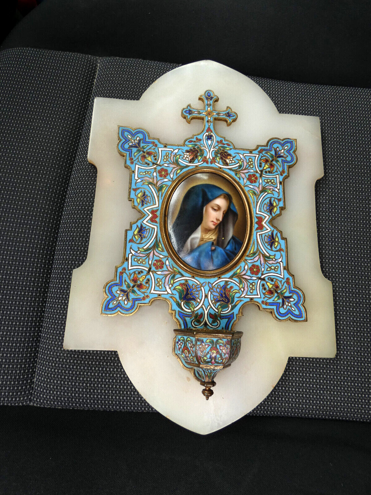 Antique  19thc cloisonne Enamel Porcelain madonna medaillon holy water font rare