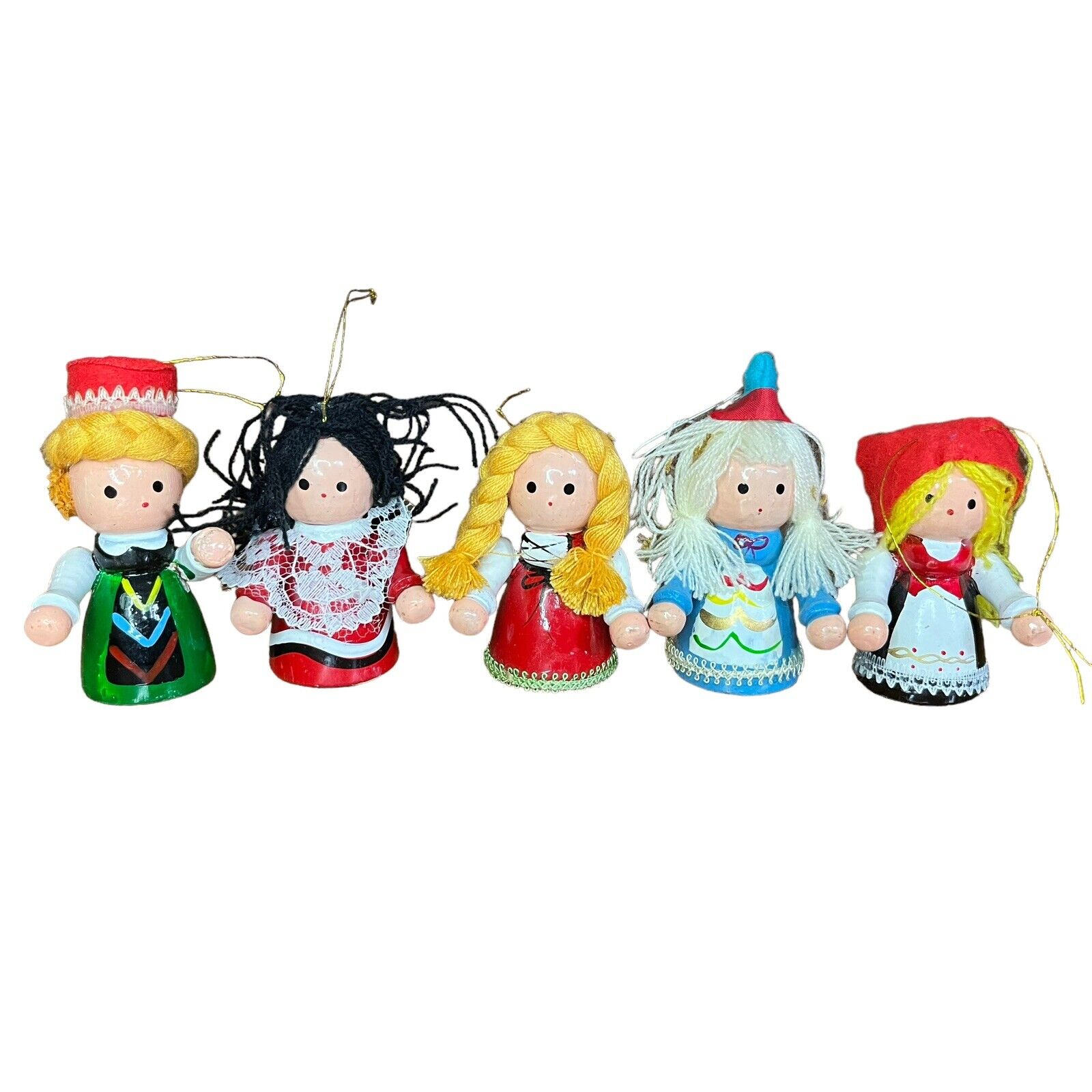 Vintage 80’s Handmade Wooden Christmas Ornaments Nationality Dolls Set of 5