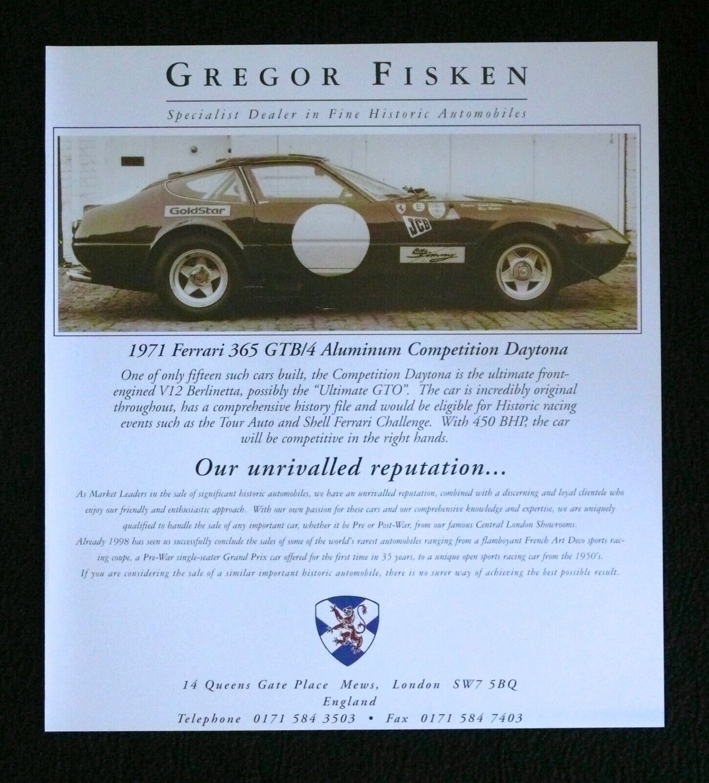 Gregor Fisken Original Advertisement Ad 1971 FERRARI 365 GTB/4 Comp Daytona