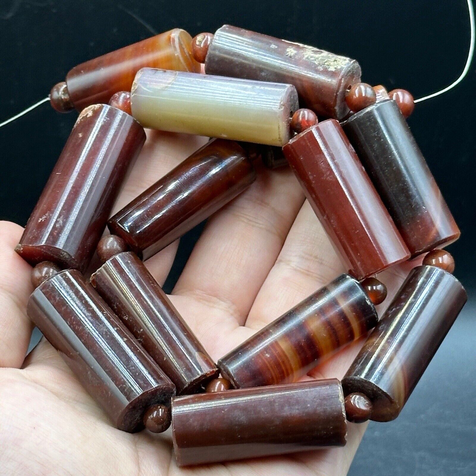Authentic Ancient Bactrian Beautiful Rare 13 Tube Shape Genuine Agate Beads