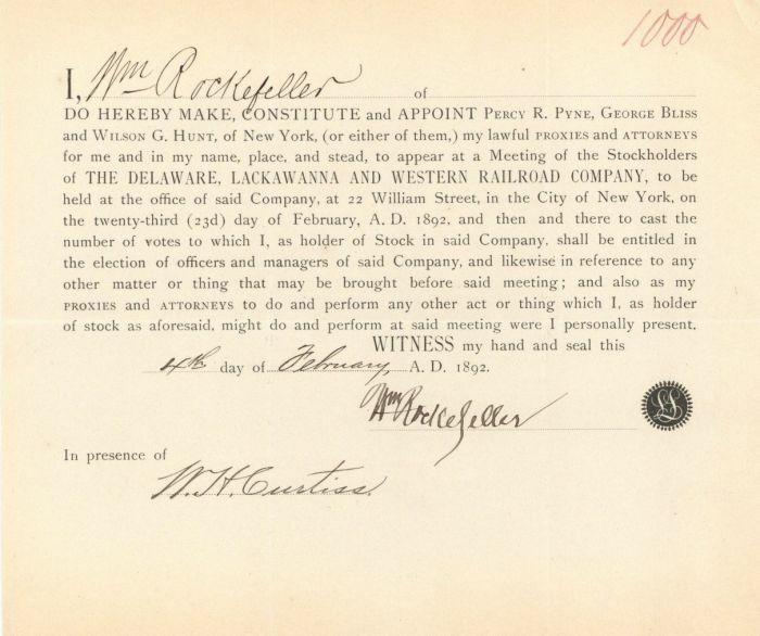 Appointment Signed by Wm. Rockefeller - Autographs - Autographed Stocks & Bonds