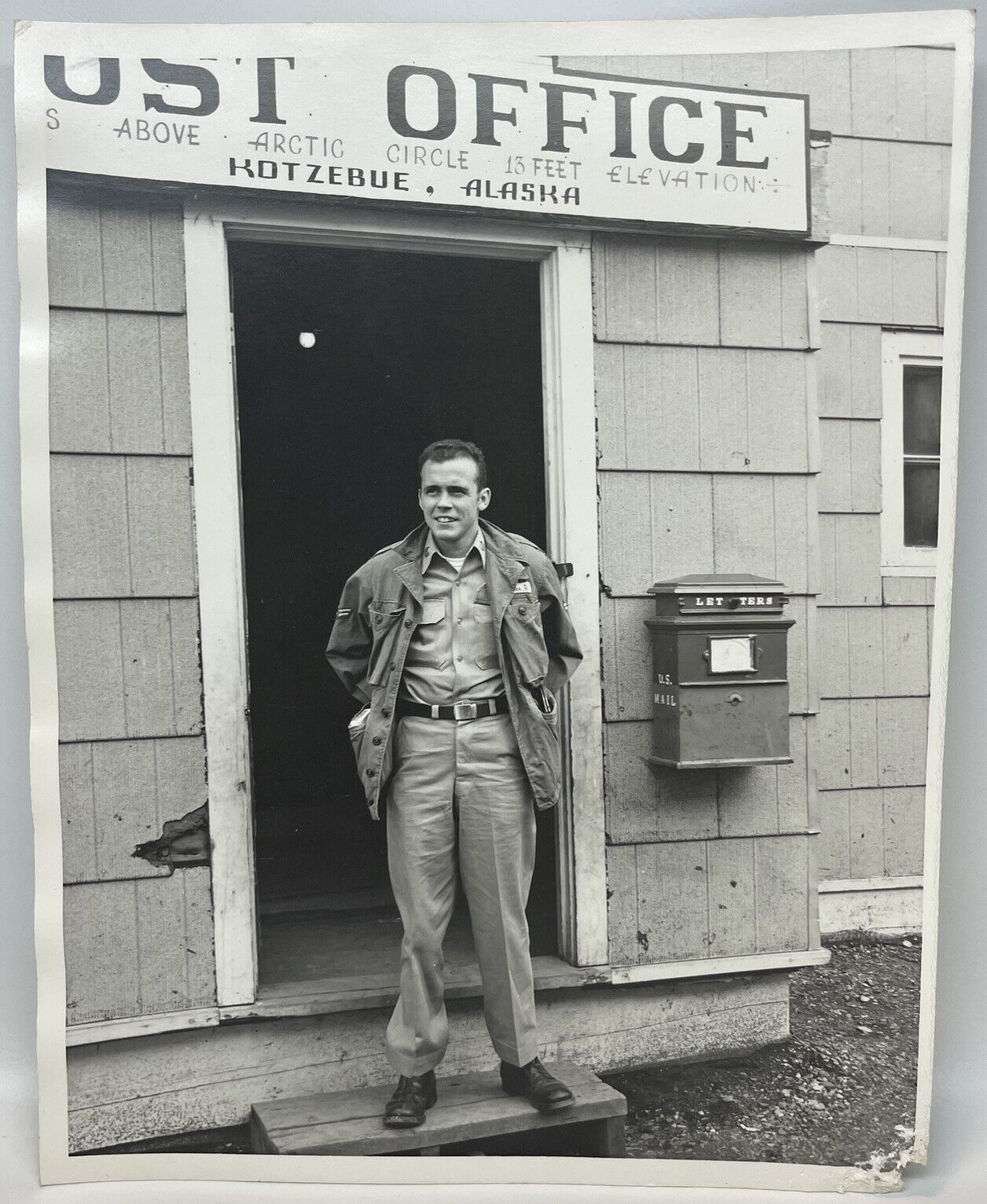 Vtg 60s Photo Serviceman at Kotzebue Alaska Post Office US Mail Box 8 x 10 FLAW