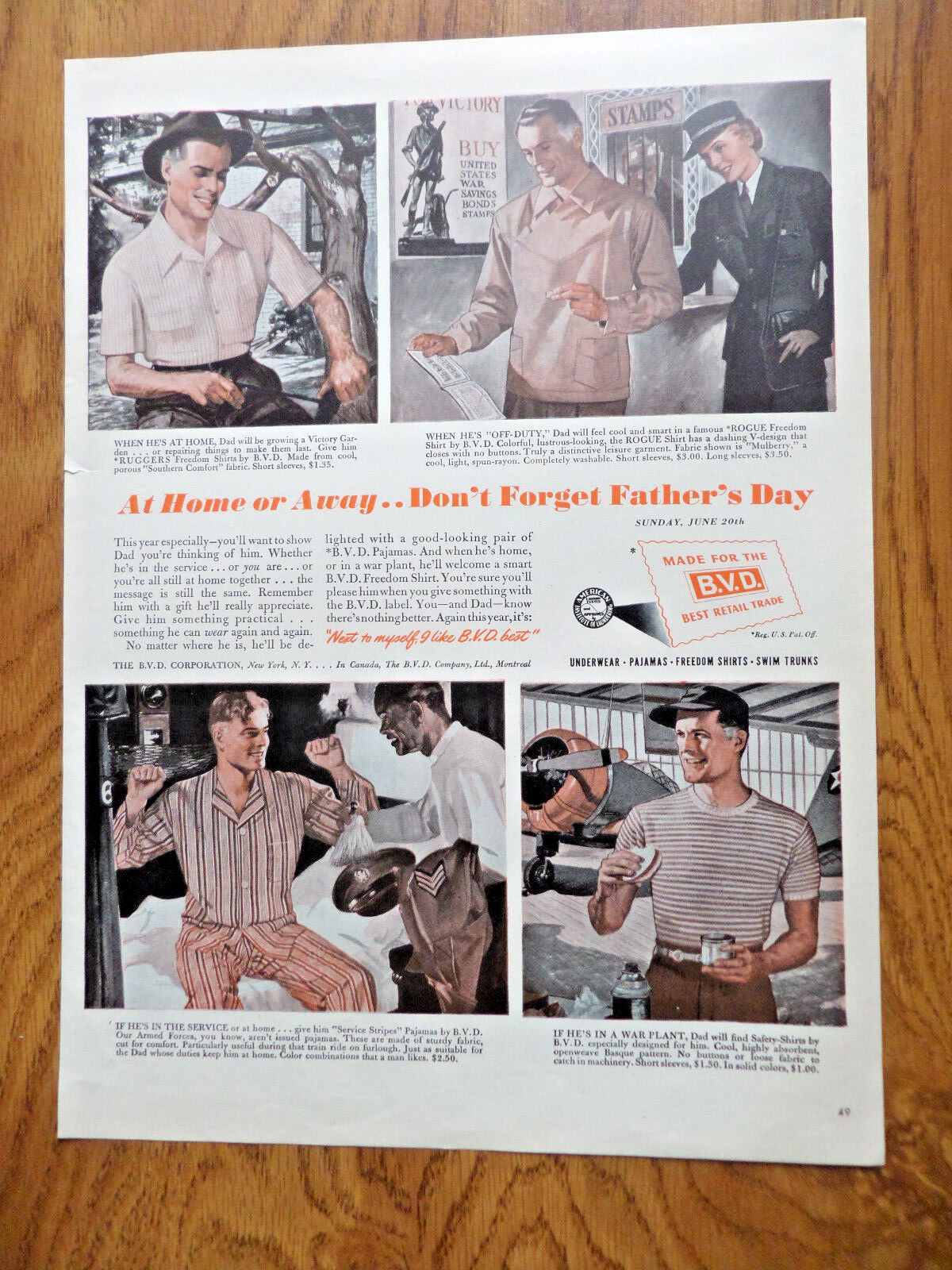1943 B.V.D Underwear Shirts Pajamas Ad