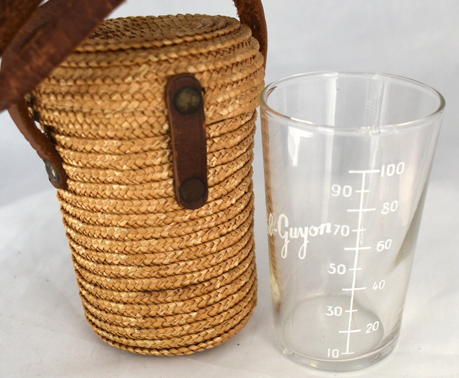 Antique French Vichy CHATEL GUYON Souvenir Water Small Glass Mug Woven Basket