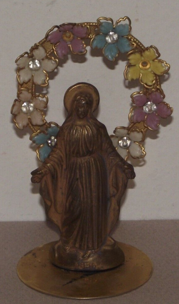 Vtg religious shrine figurine Madonna Virgin Mary brass flowers msg rhinestones